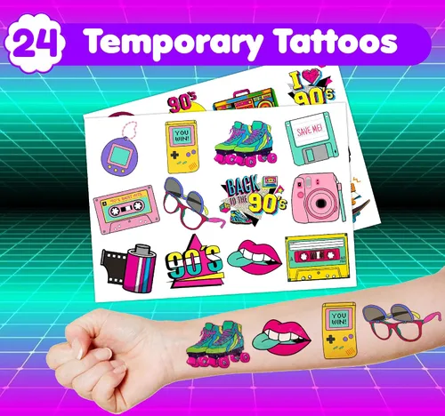 Miniatura 3 de 36 recuerdos de fiesta de los años 90 – 24 tatuajes temporales y 12 sellos – Ideal para decoración de tarjetas de cumpleaños con temática retro