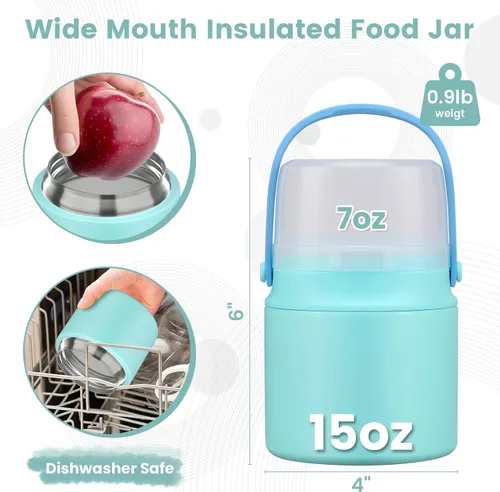Miniatura 4 de Tarro de comida aislado 2 en 1 con un recipiente para aperitivos, termo de sopa para niños de 15 onzas para comida caliente con asa y cuchara, a
