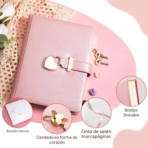 Miniatura 3 de CAGIE - Diario con cerradura para niñas de 8 a 12 años, diario con cerradura y llave, 296 páginas con borde dorado, diario en forma de corazón con A