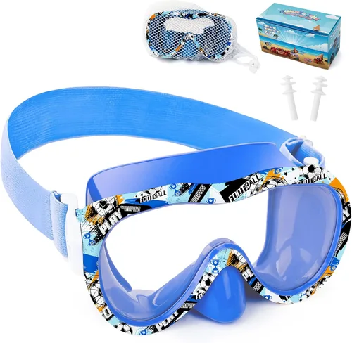 Miniatura 17 de Máscara de snorkel para niños, máscara de buceo de 180° con cubierta para la nariz, gafas de natación antiniebla para niños con correa de tela Azul