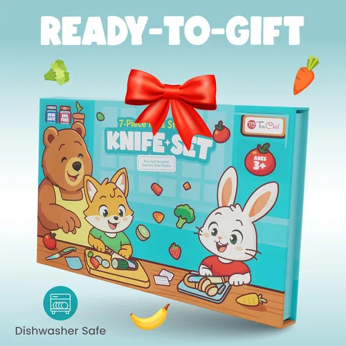 Miniatura 6 de TruChef Juego de cuchillos para niños para cocina real, juego de chef seguro para la piel para mayores de 3 años con cuchillas de arcoíris, tabla