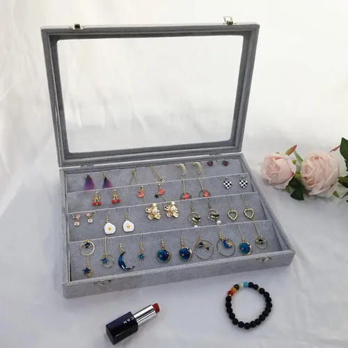 Miniatura 7 de Organizador de almacenamiento de pendientes de terciopelo de hielo con tapa transparente grande, caja de joyería, soporte para aretes, vitrina gris