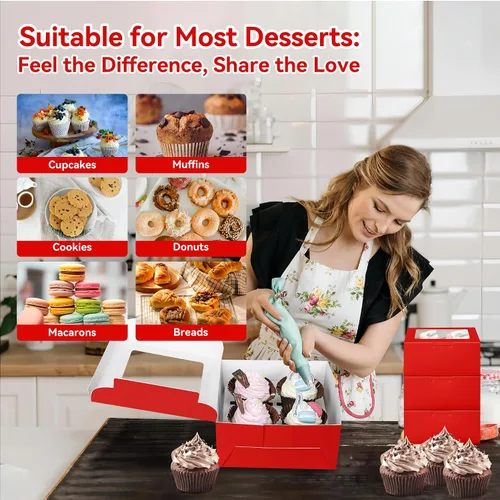 Miniatura 8 de Juego de 10 cajas para cupcakes a granel con ventana transparente para 4 cupcakes estándar, contenedor desechable de grado alimenticio rojo