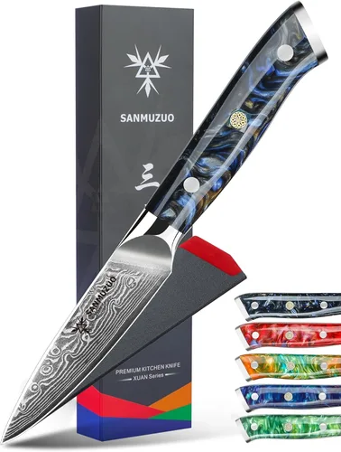 Miniatura 6 de Cuchillo de pelar de 3.5 pulgadas, cuchillo de cocina para frutas y verduras de acero de Damasco y mango de resina - Serie Xuan (Naranja Fantasía)