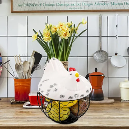 Miniatura 7 de AVLA Canasta de huevos de pollo, canastas de recolección de huevos de alambre negro con tapa de cerámica para recolectar huevos frescos, soporte
