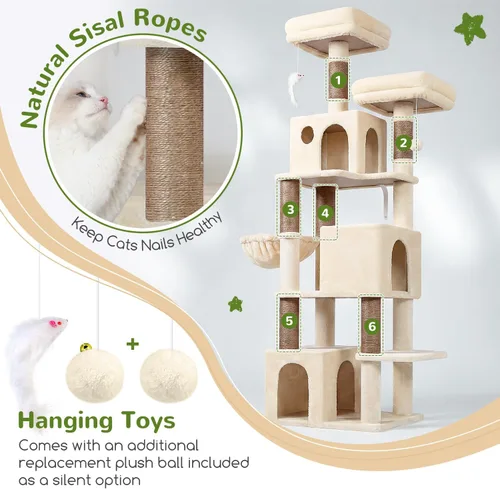 Miniatura 5 de Globlazer Árbol para gatos alto, torre para gatos de 71 pulgadas para gatos adultos de interior, multinivel, 3 condominios para gatos