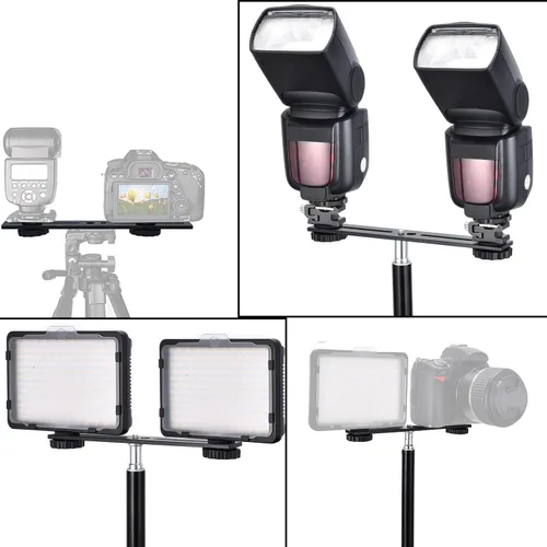 Miniatura 7 de Soporte de flash dual 8in/20.3cm Soporte de trípode de montaje de cámara con tornillo de 1/4 soporte de luz de flash para micrófono de luz LED 3D