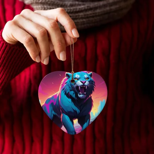 Miniatura 6 de Synthwave Sabertooth patterned Star Shape ceramic pendant, perfect for decorating your home Christmas tree for winter parties
