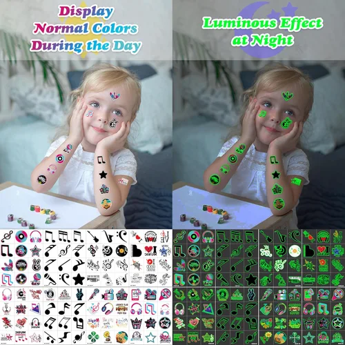 Miniatura 7 de 96 piezas de notas musicales que brillan en la oscuridad precortados tatuajes temporales para niños Luminous Musical Themed Birthday Party
