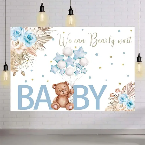 Miniatura 4 de AIBIIN Telón de fondo azul de 7 x 5 pies para baby shower, con texto en inglés "We Can Bearly Wait", fondo de fotografía, bohemio, floral, baby
