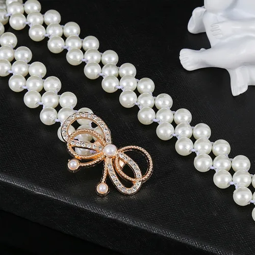Miniatura 3 de Cinturón de cadena de cintura elástica con perlas de diamantes, Blanco