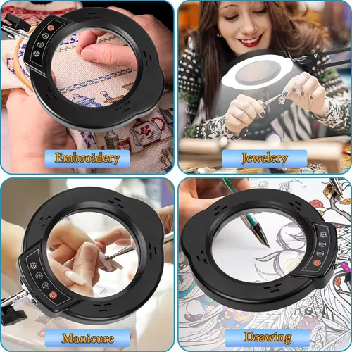 Miniatura 2 de Lámpara de escritorio con lupa de 15X con base de metal, 5 modos de color, 10 niveles de brillo ajustable, brazos de aluminio flexibles giratorios
