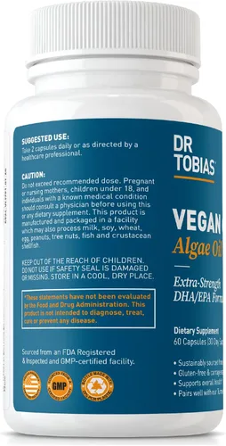 Miniatura 8 de Dr. Tobias Suplemento vegano de Omega 3, 1400 mg de aceite de algas, 420 mg de DHA y 210 mg de EPA por porción, sin OMG, sin gluten, sin