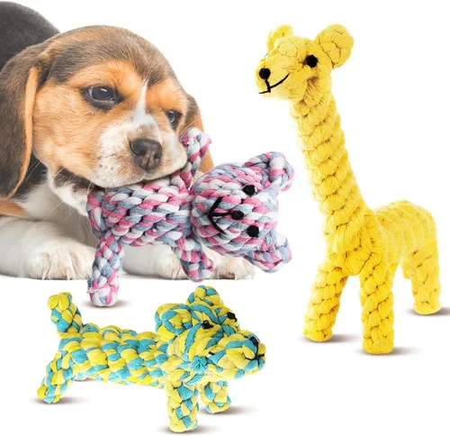 SunGrow Juguetes de algodón con nudo de cuerda para cachorros y hurones, oso de peluche masticable resistente para dentición, jirafa y perro, tejido