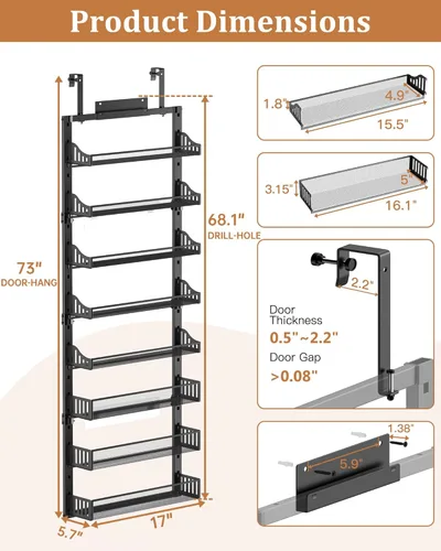 Miniatura 6 de POKIPO Organizador de Despensa de 8 Niveles Sobre la Puerta, Estante Grande de Metal para Especias en Puerta con Canasta Ajustable, 2 en 1 Montaje