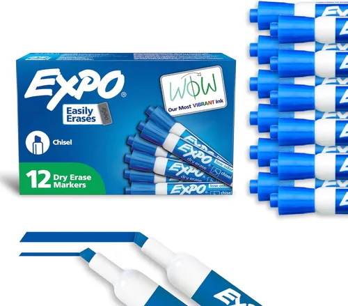 EXPO Marcadores de borrado en seco, tinta de bajo olor, azul, punta de cincel, 12 unidades, pizarra blanca, calendario, organización, suministros