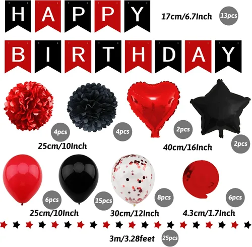 Miniatura 2 de ZERODECO Decoraciones de cumpleaños, decoraciones de fiesta en negro y rojo con pancarta de feliz cumpleaños, pompones, globos para niños, niñas
