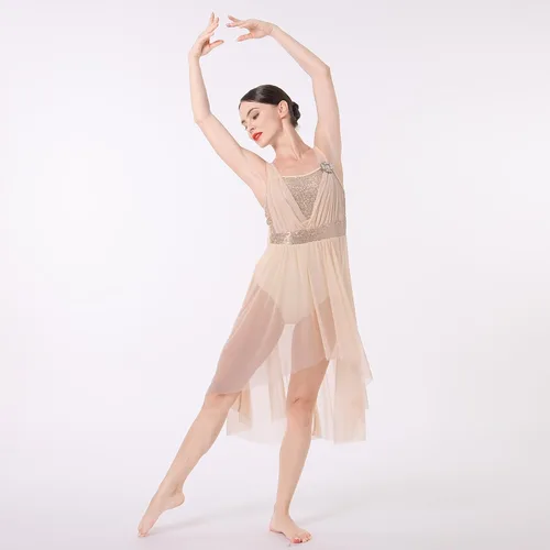 Miniatura 2 de ODASDO Vestido de baile lírico moderno y contemporáneo para mujer, disfraz de lentejuelas de tul de malla, falda alta y baja, ropa de ballet