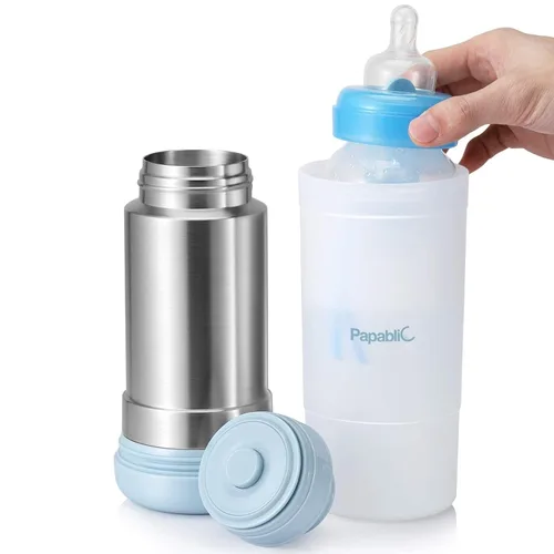 Miniatura 3 de Papablic Calentador portátil de biberones de viaje para bebé, se adapta a la mayoría de portavasos de automóvil, calentador de botellas de acero