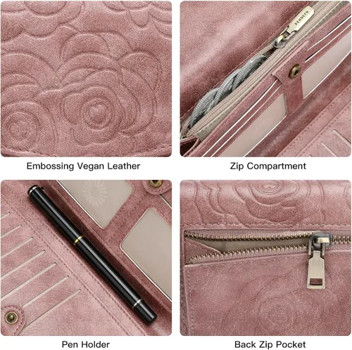 Miniatura 6 de GOIACII Cartera de mujer con bloqueo RFID para tarjetas de crédito, monedero con cremallera y bolsillo para monedas, flor en relieve, color rosa