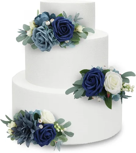 Miniatura 20 de Rinlong 3 piezas de decoración de pastel de flores azules para bebé, decoraciones de pastel, topper de pastel para boda, decoración de pastel