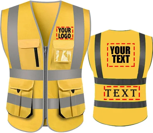 Chaleco de seguridad reflectante de alta visibilidad, personaliza tu texto, ropa de trabajo, 5 bolsillos con tiras reflectantes, chaleco de trabajo