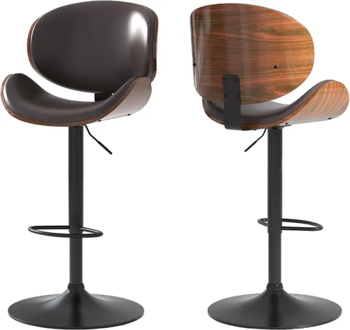 Miniatura 20 de Juego de 2 taburetes de bar giratorios ajustables, modernos taburetes de bar de madera curvada con base de metal grande y reposapiés, silla de bar