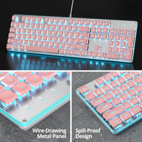 Miniatura 6 de Teclado retro punk de 104 teclas, máquina de escribir de tamaño completo, teclado rosa con tapa cuadrada y retroiluminación LED azul, membrana Rosado