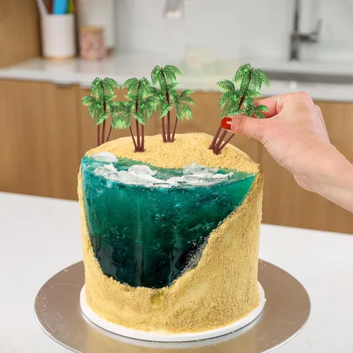Miniatura 5 de Gyufise 10 piezas de plástico verde palmera cocos cupcakes toppers miniatura figuras de palmera decoraciones para pasteles para micro acuario