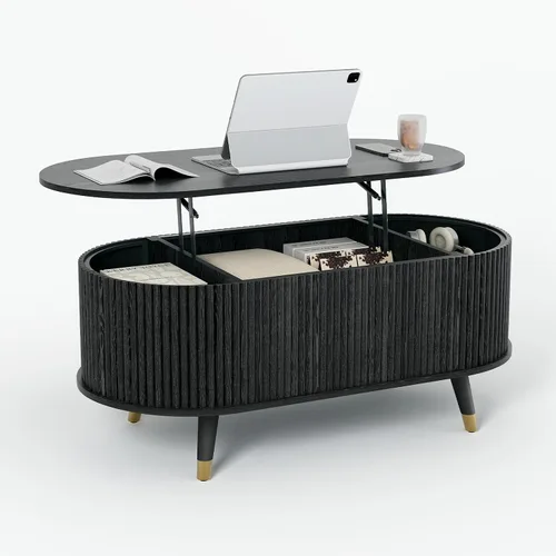Miniatura 9 de SULIVES Mesa auxiliar ovalada con almacenamiento, mesa de centro multifuncional con tambor elevable, pequeña mesa central acanalada para sala