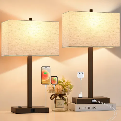 Miniatura 10 de Lynnoland Juego de 2 lámparas de noche de 21 pulgadas con tomas USB A+C y CA, control táctil, regulables de 3 vías, para dormitorio, sala de estar