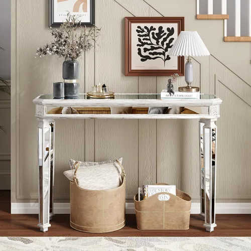 Miniatura 13 de Henf Escritorio de tocador con espejo para dormitorio, mesa de tocador de maquillaje, mesa de sofá con 2 cajones de diamantes sintéticos, moderno