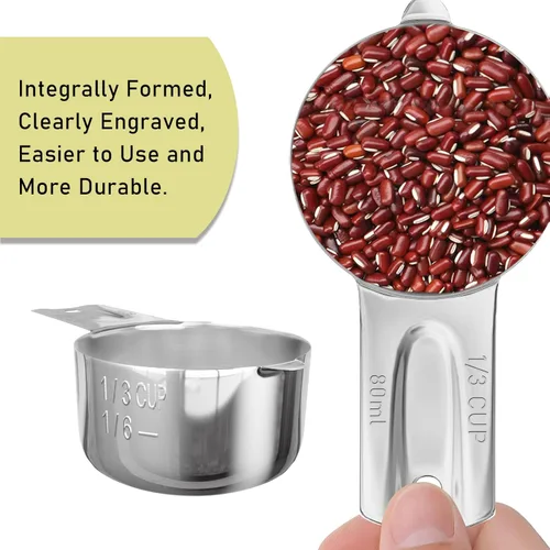 Miniatura 3 de 2 piezas 1/3 taza (80 ml, 2.7 oz) Taza medidora única, cuchara medidora de acero inoxidable, medición métrica y en EE. UU., apta para lavavajillas