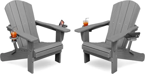 Miniatura 14 de KINGYES Silla plegable Adirondack con portavasos dobles - Sillas de exterior de HDPE para todo clima, silla de patio tipo madera para el patio Negro