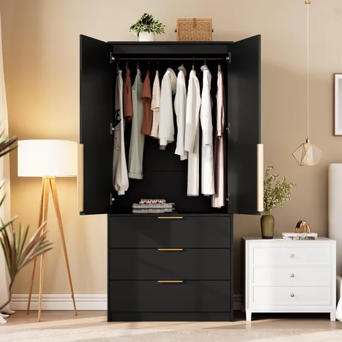 Miniatura 3 de GarveeHome Armario Armario, armario de madera de 69.5 pulgadas con 3 cajones, barra para colgar, armario de almacenamiento de ropa de 2 puertas