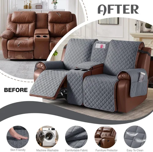 Miniatura 5 de KinCam Funda 100% impermeable para sofá biplaza reclinable con consola, fundas antideslizantes para sofá reclinable de 2 asientos, funda protectora