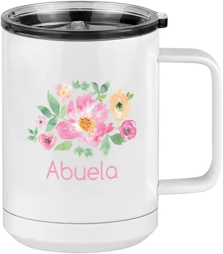 Miniatura 2 de Just So Posh Abuela Flowers - Vaso de café con asa y tapa deslizante, color blanco de 15 onzas, color camello polar, acero inoxidable, aislado al