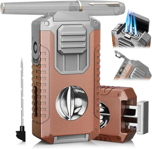 Encendedor de Antorcha con Cortador Integrado, Perforador, Soporte y Herramienta Potenciadora de Tiro, con Caja de Regalo para Hombres, Llama Triple