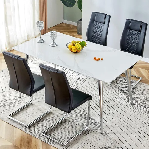 Juego de mesa de comedor en blanco y negro de 51 pulgadas para 4, mesa de cristal minimalista moderna y 4 sillas tapizadas de piel sintética con