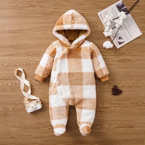Miniatura 2 de MIEKISA Mameluco peludo a cuadros con capucha para bebés, niños y niñas, otoño e invierno