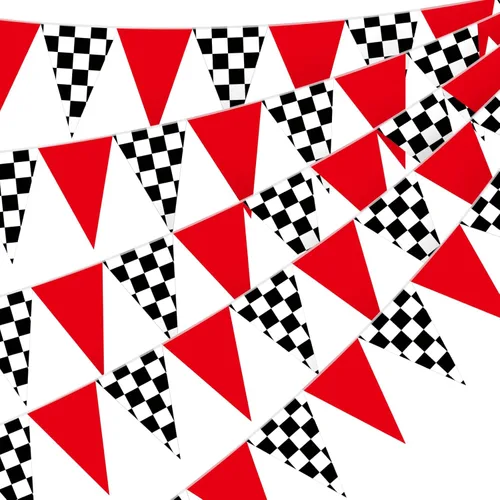 Tiamon 5 banderas de coche de carreras, decoraciones de fiesta, rojo, negro y blanco, triángulo a cuadros de 49.2 pies, banderines de carreras,