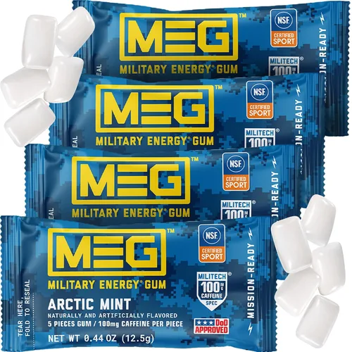 MEG - Goma de mascar de energía militar | 100 mg de cafeína por pieza + aumenta la energía + aumenta el rendimiento físico + paquete de 4 unidades