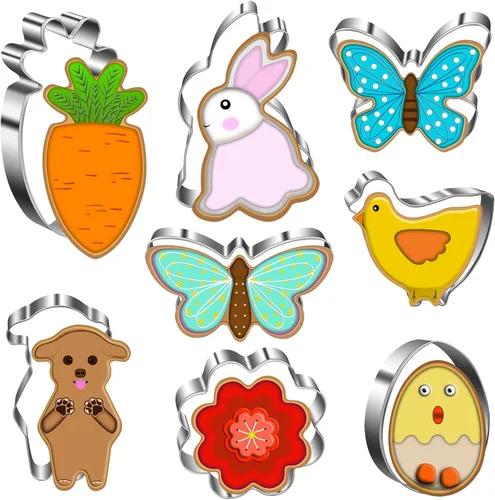 Juego de cortadores de galletas de Pascua – conejo, huevo, mariposa, flor, pollo, zanahoria, perro, 8 cortadores de galletas de Pascua – Cortadores