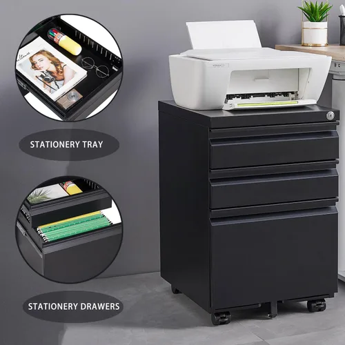 Miniatura 6 de Archivador rodante con cerradura, archivador de almacenamiento de oficina de 3 cajones para tamaño carta, archivador de metal de acero para oficina