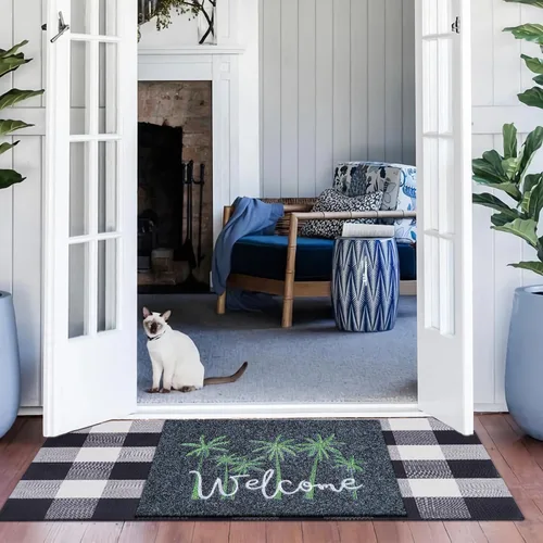 Miniatura 5 de Tapetes grandes de bienvenida para puerta delantera, exterior, tapete de entrada para puerta de entrada exterior con respaldo de goma Palmera-gris