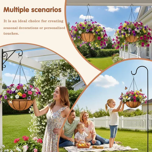 Miniatura 7 de Cestas colgantes de metal de 8 pulgadas para plantas al aire libre, paquete de 4 cestas colgantes redondas de alambre de metal con forro de fibra