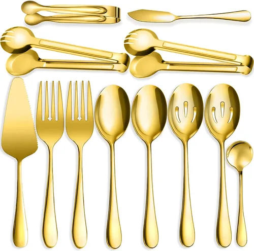 Miniatura 13 de 10 utensilios de acero inoxidable para servir, grandes cucharas ranuradas, tenedores de servir, pinzas para servir, pinzas para azúcar, juego