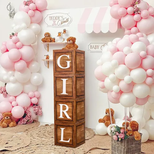 Miniatura 3 de Cajas de globos marrones para bebé con 27 letras - 4 piezas de bloques para baby shower con veta de madera y letras A-Z+B decoración de bosque y oso