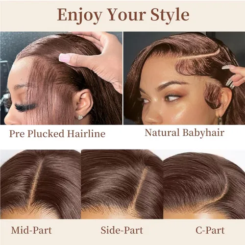 Miniatura 5 de SOPSFR Pelucas de cabello humano con encaje frontal de 13 x 6, densidad 200, pelucas de cabello humano lacio marrón chocolate con bebé alrededor