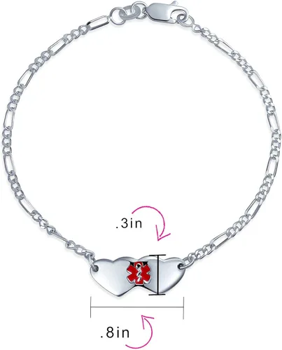 Miniatura 5 de Pulsera de identificación de alerta médica grabable con doble forma de corazón en blanco para mujeres y adolescentes, de plata de ley 925, muñeca